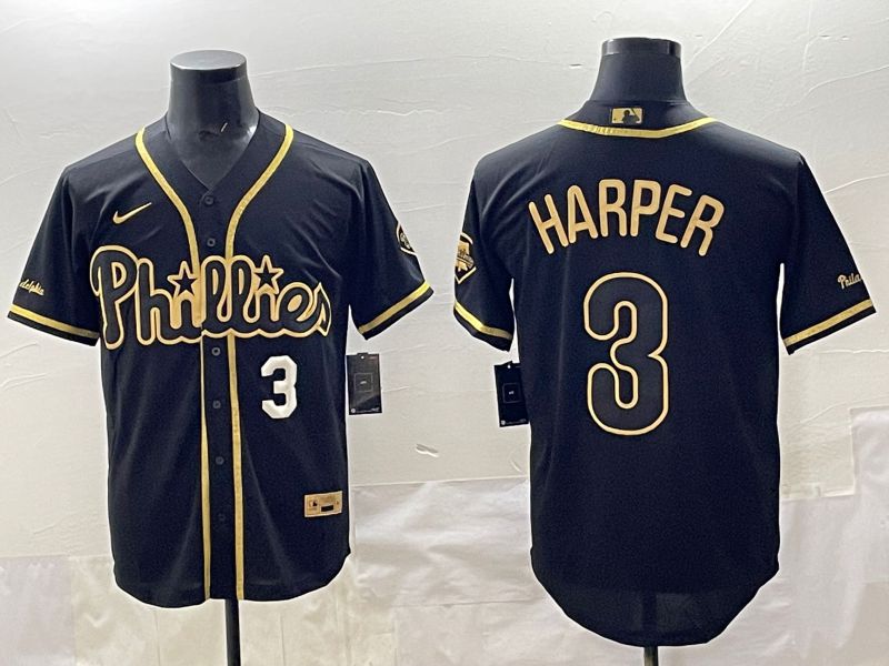 Men 2025 Philadelphia Phillies #3 Harper Black Gold Throwback Nike MLB Jersey style 007